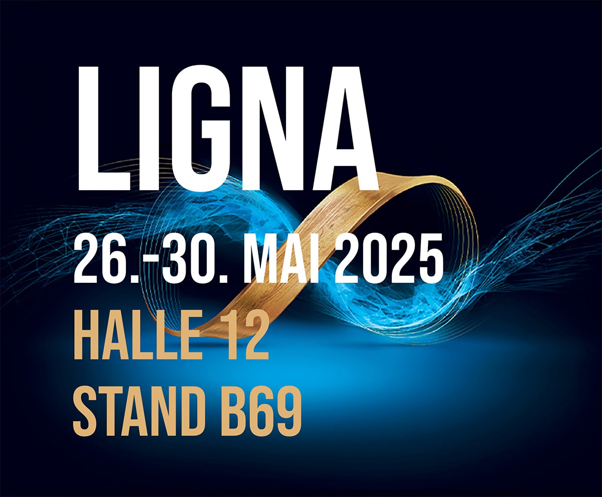 Ankündigung der LIGNA Messe vom 26. bis 30. Mai 2025 mit Standortangabe Halle 12, Stand B69