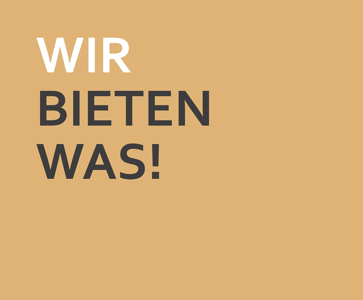 Text 'WIR BIETEN WAS!' auf beigen Hintergrund, Hinweis auf Angebot der Firma 3Tec.